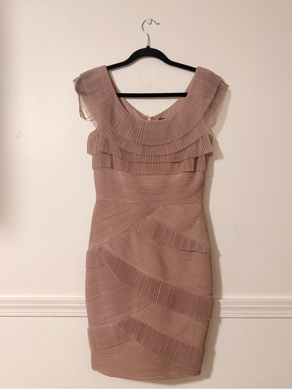 BCBG Pleated Ruffle Sheath Dress - Nude Blush